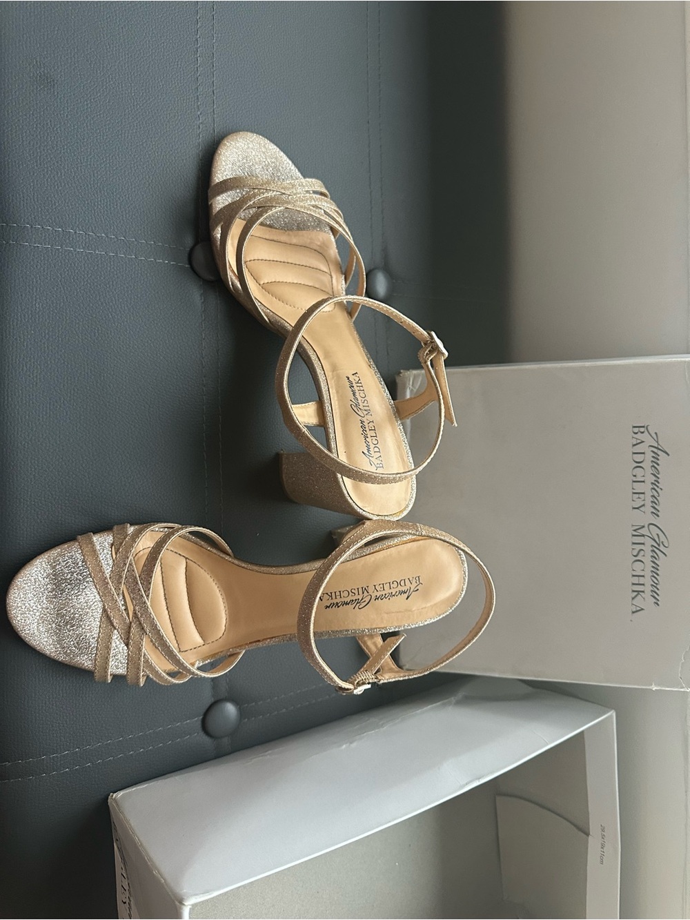 Badgley Mischka Gold Glitter Strappy Block Heel Sandals